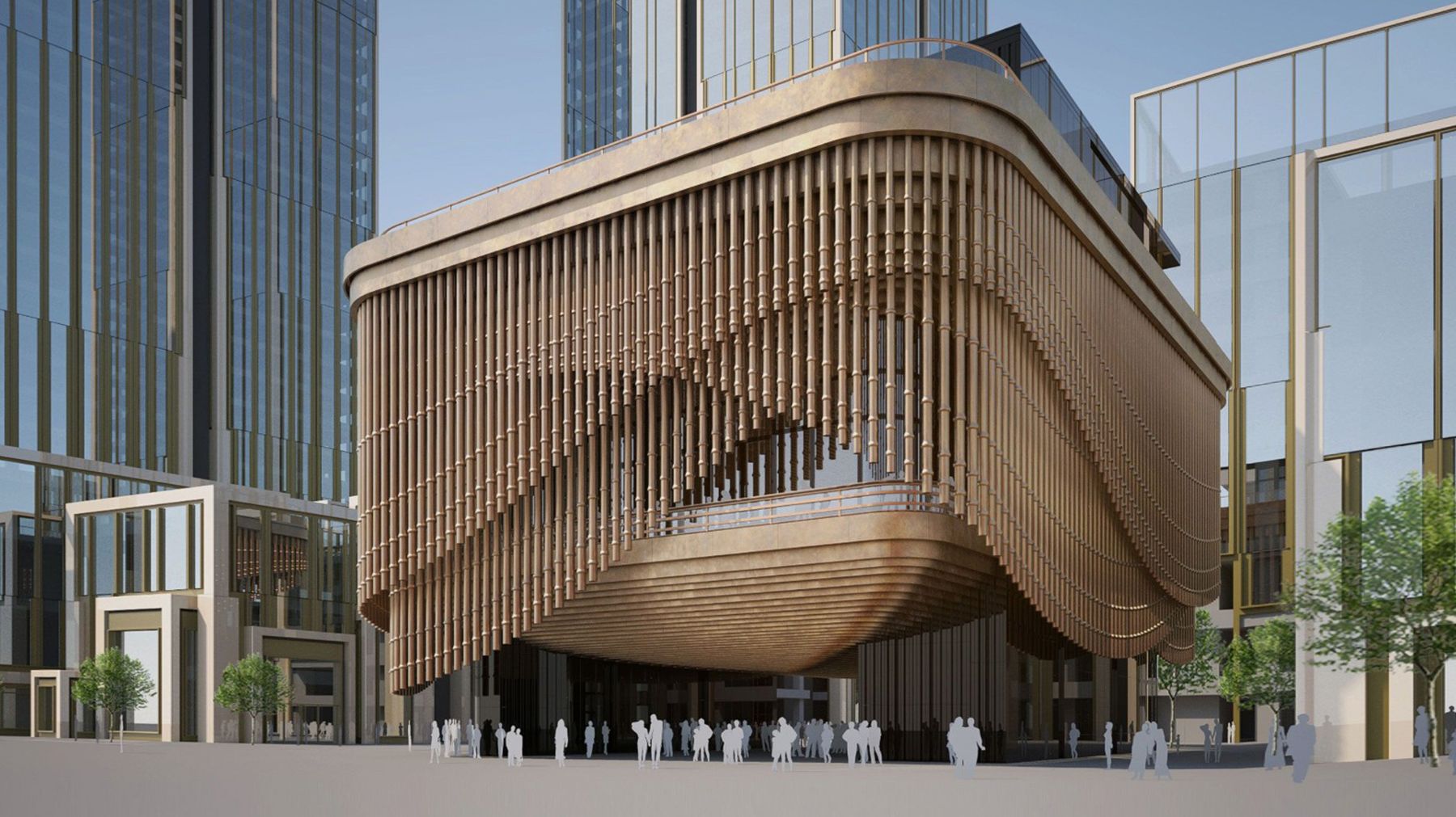 Futuristisches Fintech-Architekturzentrum mit kristalliner Designsprache